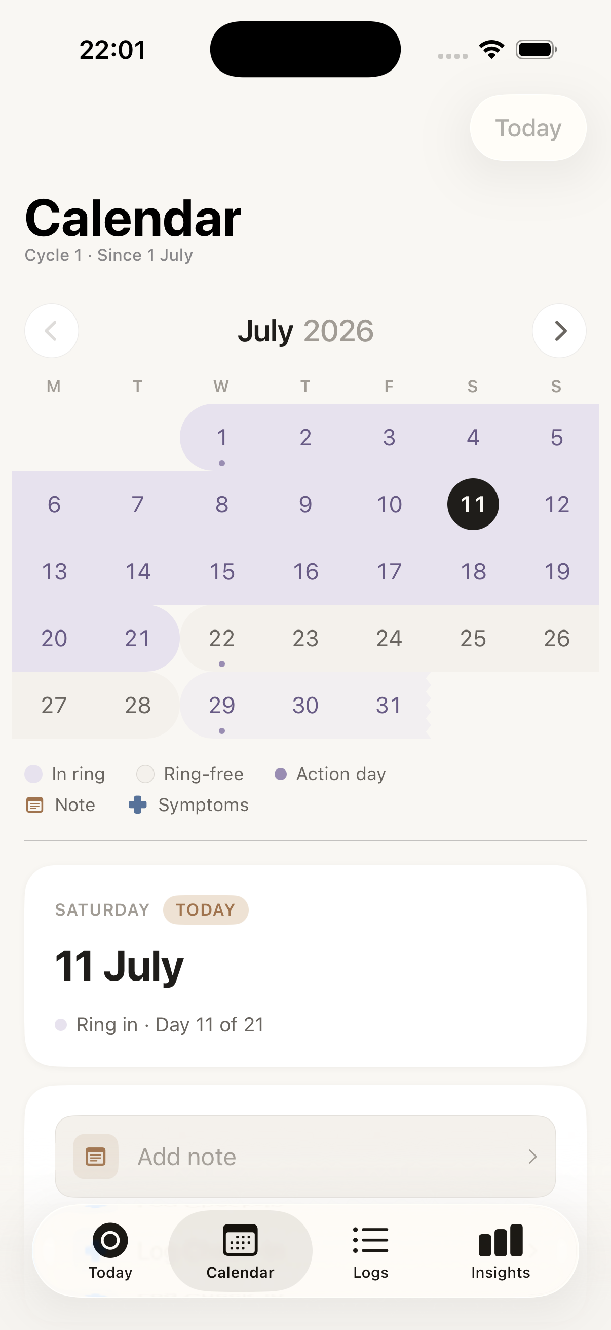 Circle's calendar showing ring weeks, break weeks, and logged events