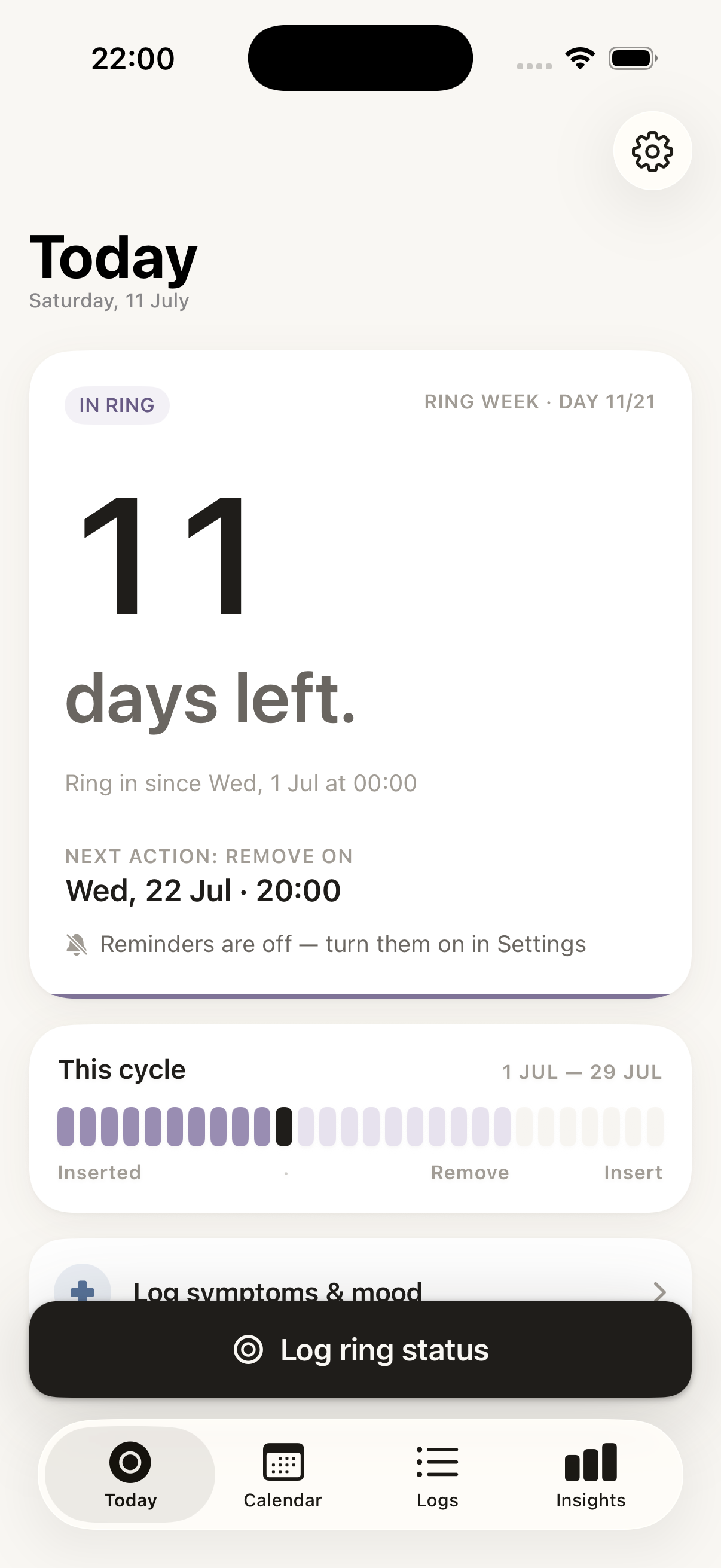 Circle's Today screen showing the countdown to the next ring event