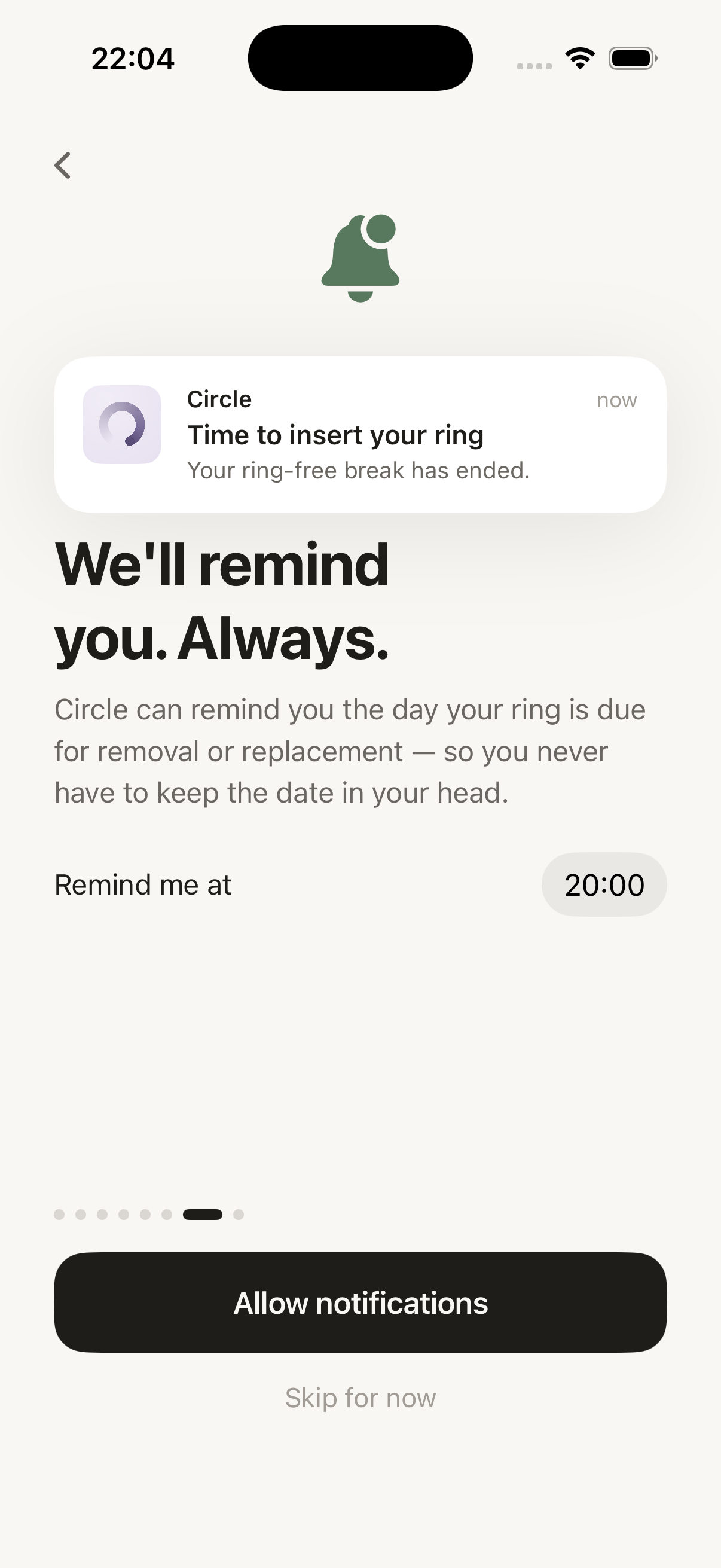 Circle reminder notifications for ring insertion and removal