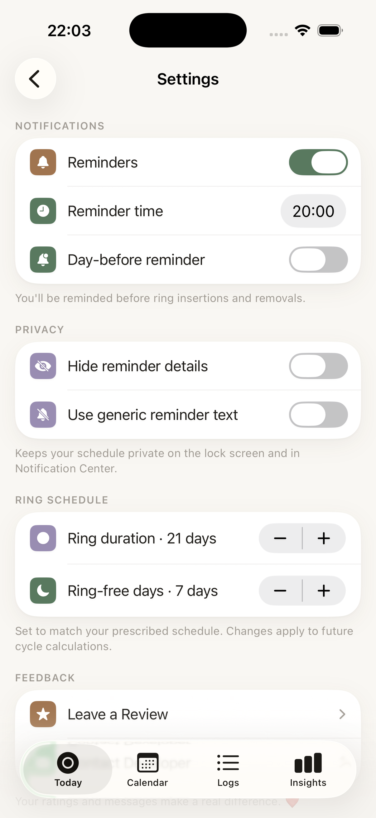 Circle's settings screen with schedule and privacy options